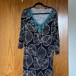 Boden leaf print navy blue dress with beading, size M/10